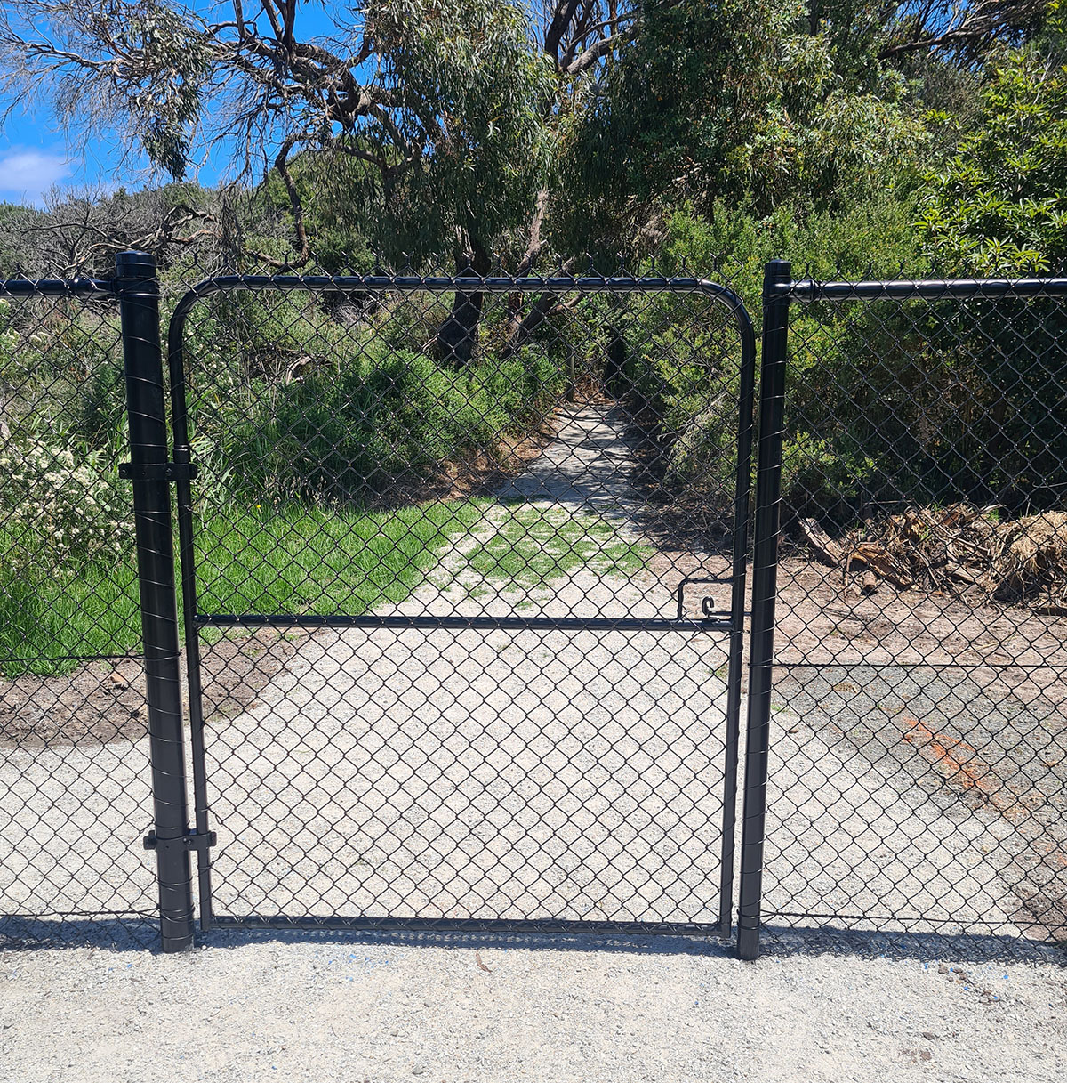 Black custom chain mesh double swing gate