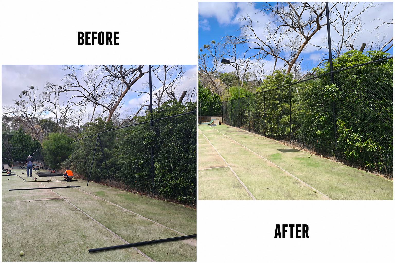 Before and after comparison of a court fence repair and reinstatement project