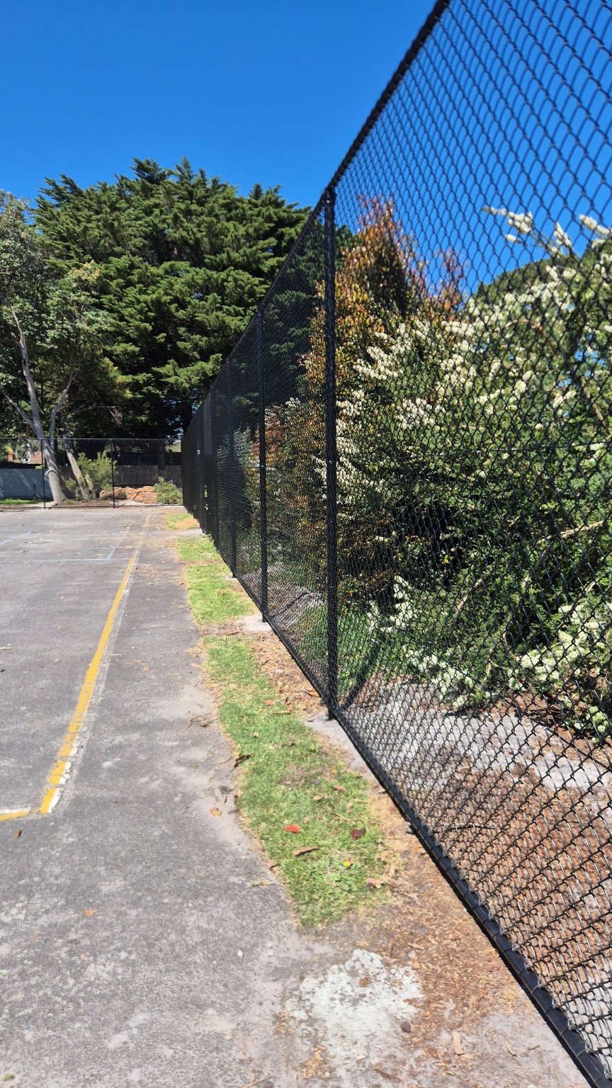 New 3000mm high 50 × 3.15mm heavy gauge black PVC-coated chain mesh basketball court fence with top and bottom rails at Tarwin Lower Primary School