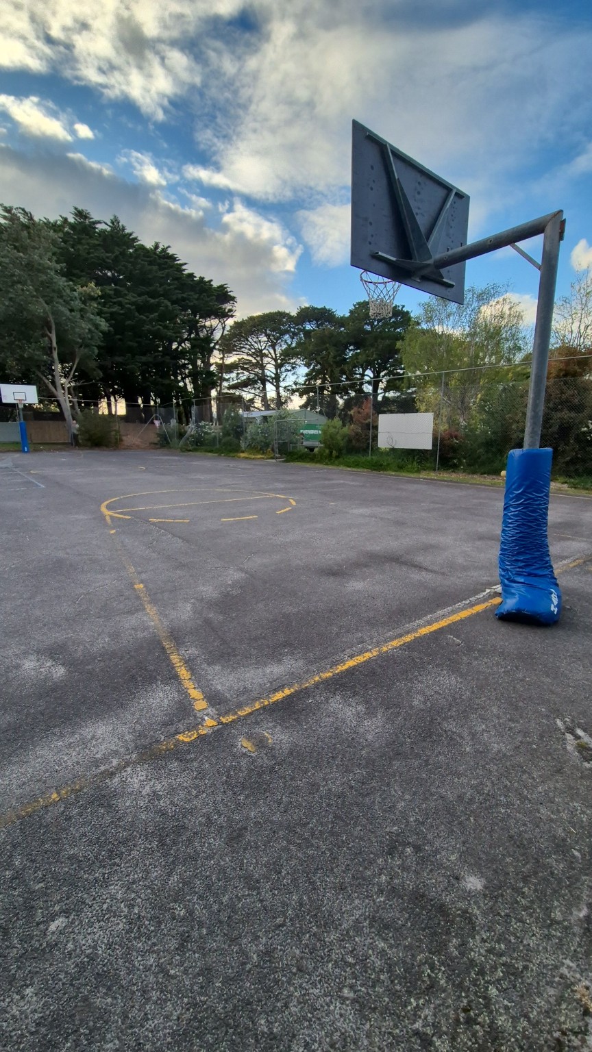 Existing galvanised chain mesh fencing around the school basketball court before removal